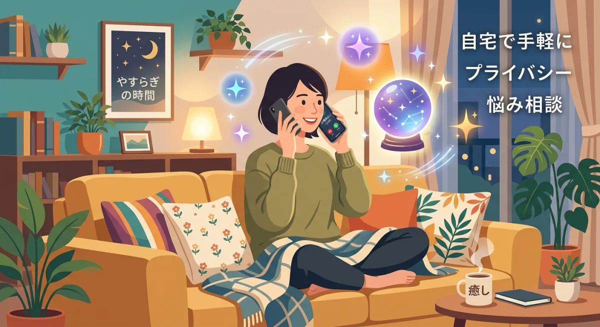 自宅のリラックスした環境でスマートフォンを使い、手軽に電話占いを楽しむ女性の様子を描いたモダンなデジタルイラスト。