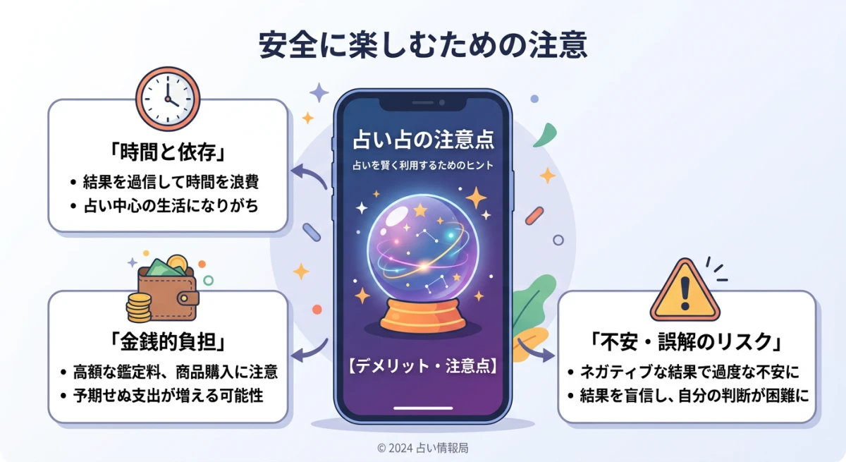 スマートフォンを中心に、警告マークや時計、財布のアイコンを用いて、電話占いのデメリットや利用時の注意点を視覚化したデジタルイラスト。