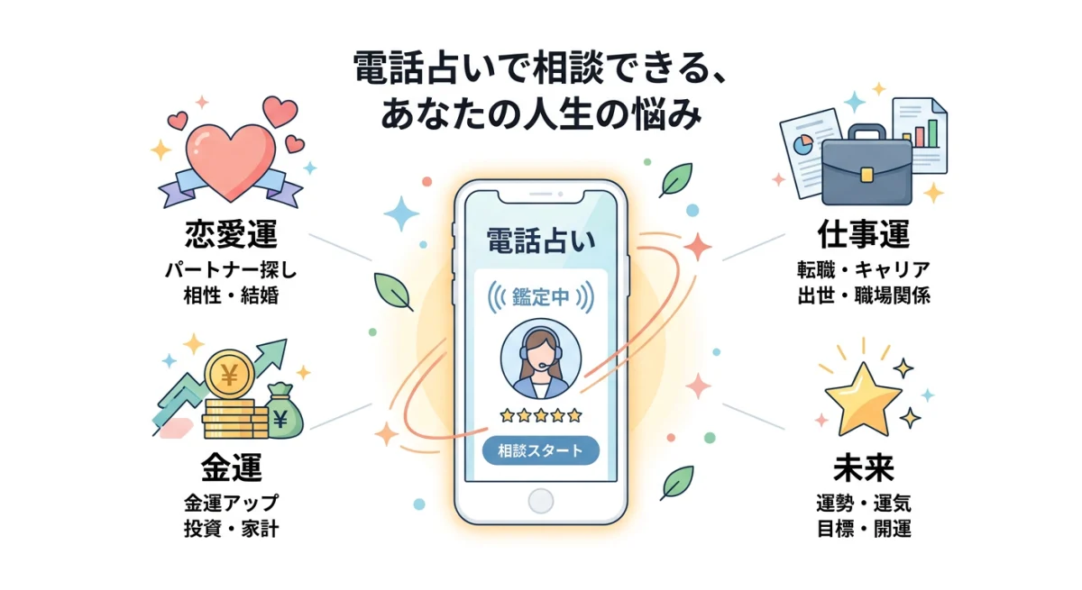 電話占いで相談できる恋愛、仕事、金運、将来などの多様な悩みをアイコンで分かりやすく表現した、清潔感のあるデジタルイラスト。