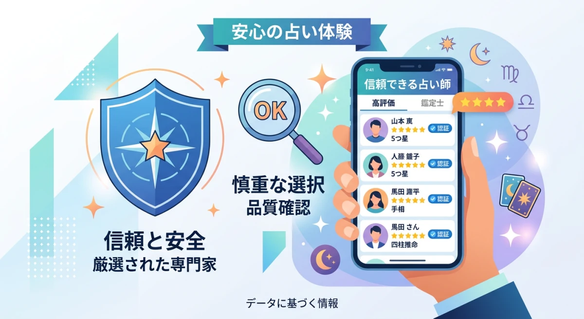 信頼できる電話占いサイトや占い師を賢く選ぶための基準を、スマートフォンと評価アイコンで分かりやすく表現したイラスト。