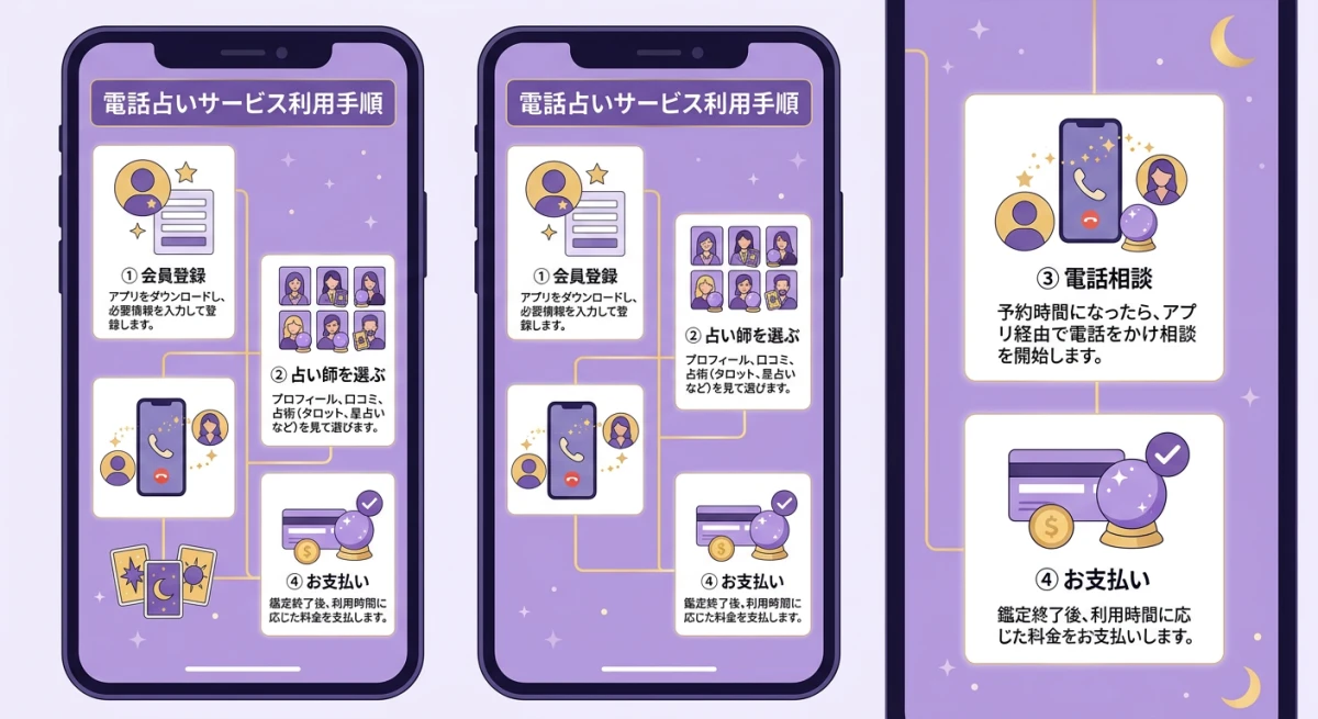 会員登録から占い師選び、通話、支払いまでの電話占いを利用する一連の流れを分かりやすく解説した、清潔感のあるデジタルイラスト。
