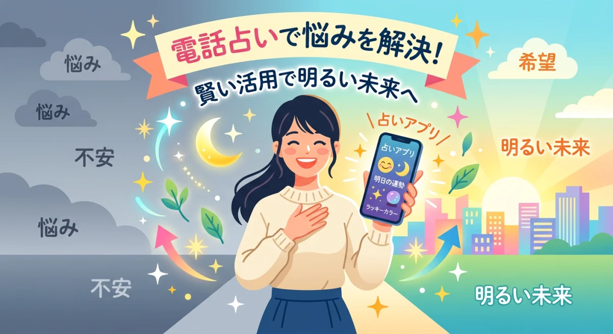電話占いを通じて悩みを解決し、明るい未来へ一歩踏み出す女性の笑顔と、それを支えるスマートフォンのイメージを描いた温かみのあるイラスト。