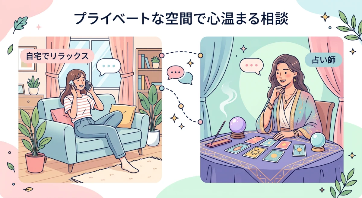 自宅でリラックスしながらスマホで相談する女性と、電話越しに親身に寄り添う占い師を描いた、電話占いの仕組みを伝えるイラスト。