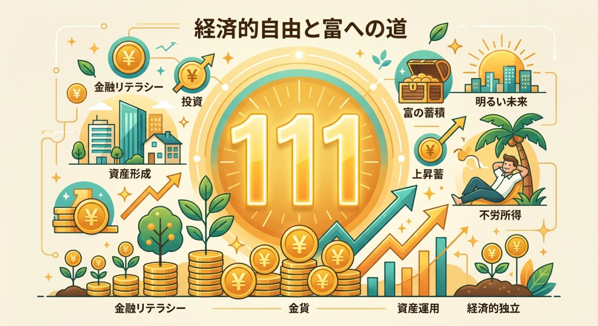 エンジェルナンバー111と金貨や成長する植物が描かれた、経済的自立と豊かさを表すイラスト。