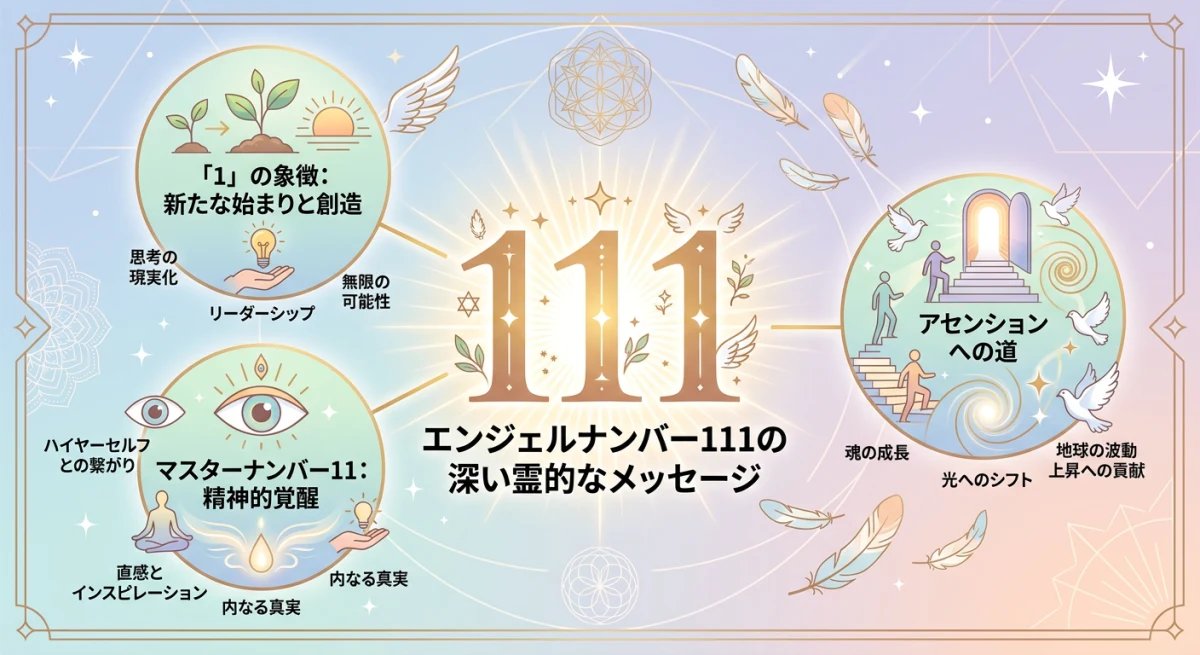 エンジェルナンバー111の数字の構成とそこから読み解く深層メッセージを視覚的に表現した、スピリチュアルなインフォグラフィック風のイラスト。