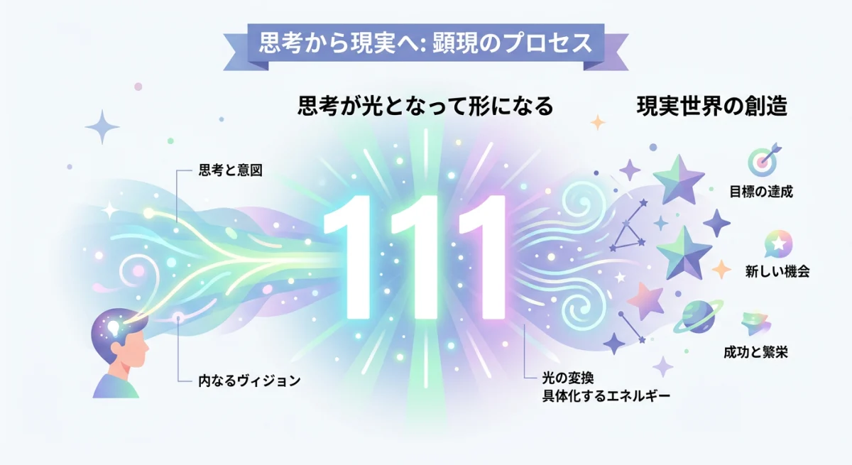 エンジェルナンバー111と思考が現実化する様子を描いたイラスト