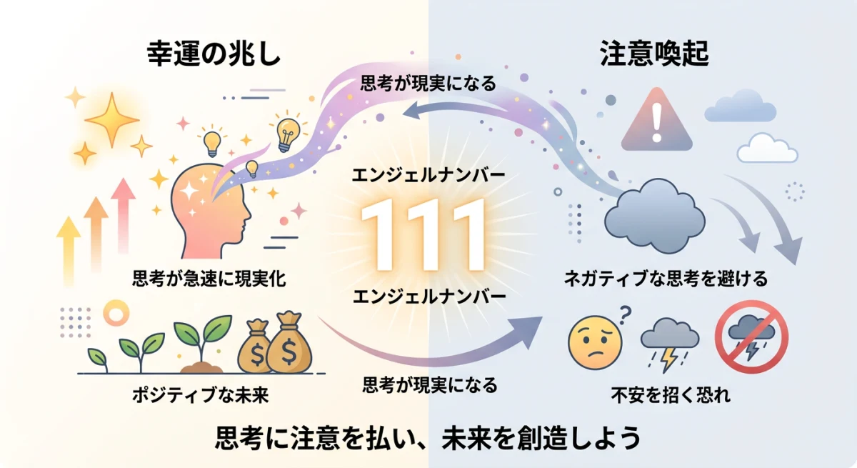 エンジェルナンバー「111」を中心に、ポジティブな思考が素早く現実化する「幸運」と、ネガティブ思考への「警告」という二面性を左右で対比させた分かりやすいインフォグラフィックイラスト。