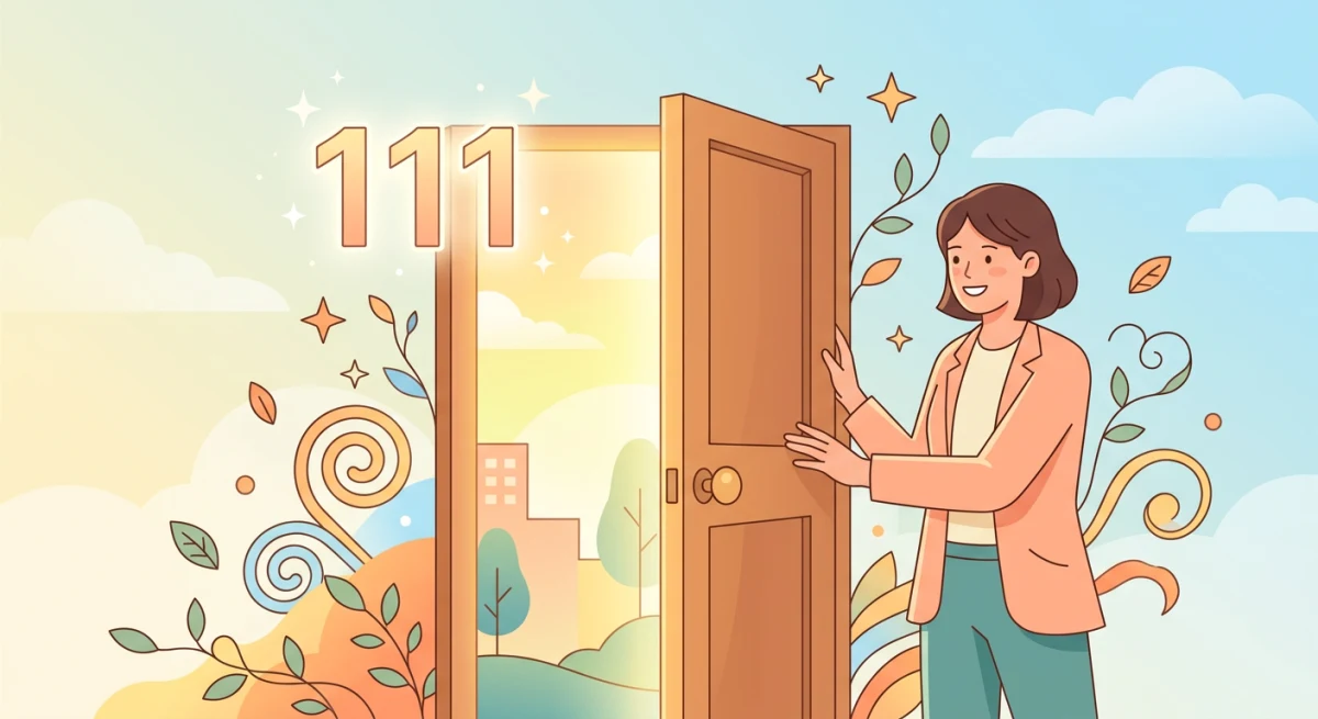 エンジェルナンバー「111」が浮かぶ中、明るく前向きな表情で新しい扉を開く人物のイラスト